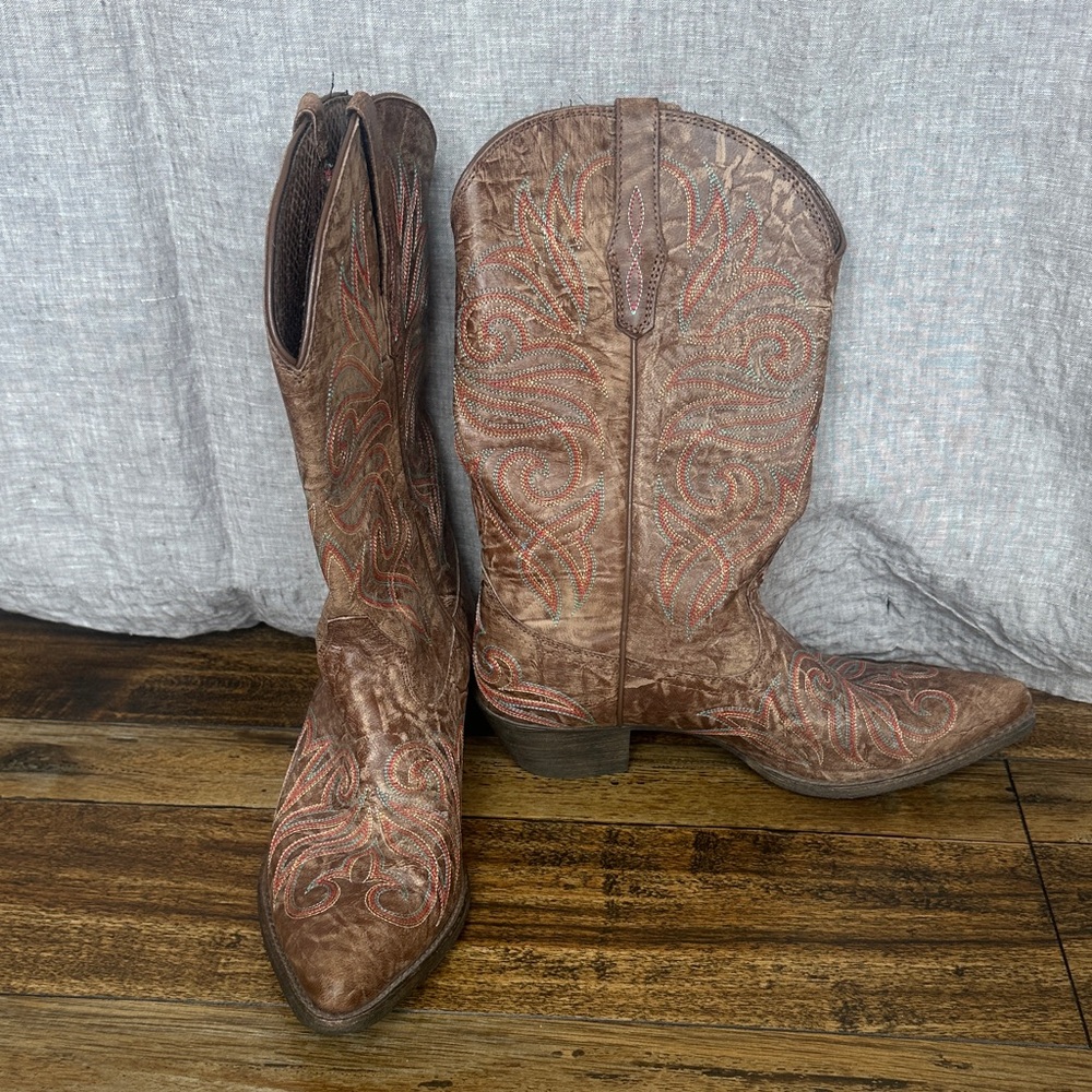 Ariat Distressed Brown Cowboy Boots with Red Embroidery